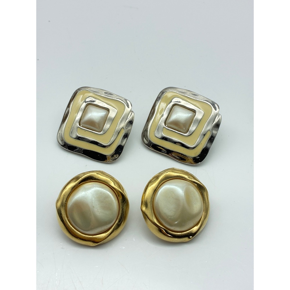 Vintage Trifari Faux Pearl Gold Round and Silver Enamel Square Earring Lot of 2